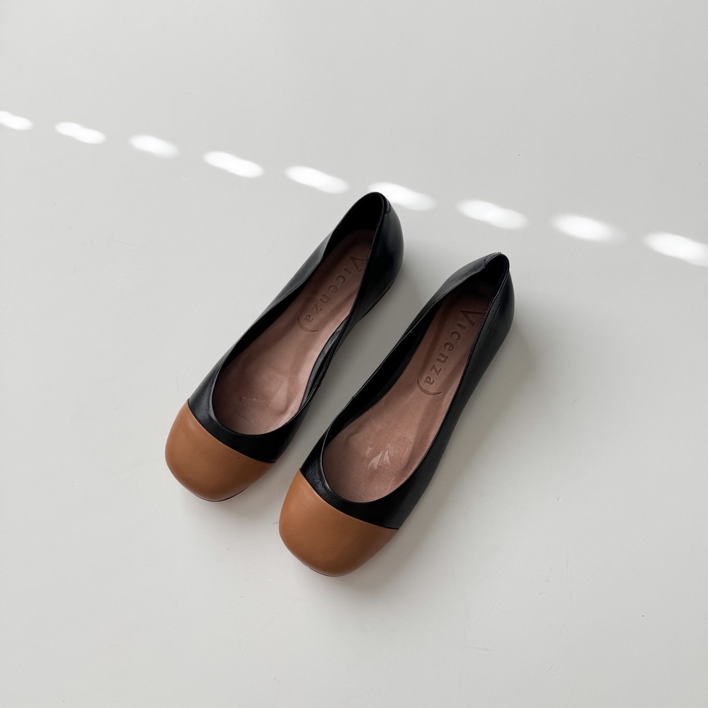 Vicenza Black Leather Two Tone Cap Toe Square Toe Ballet Flats Size 7 Brazil - Picture 2 of 10